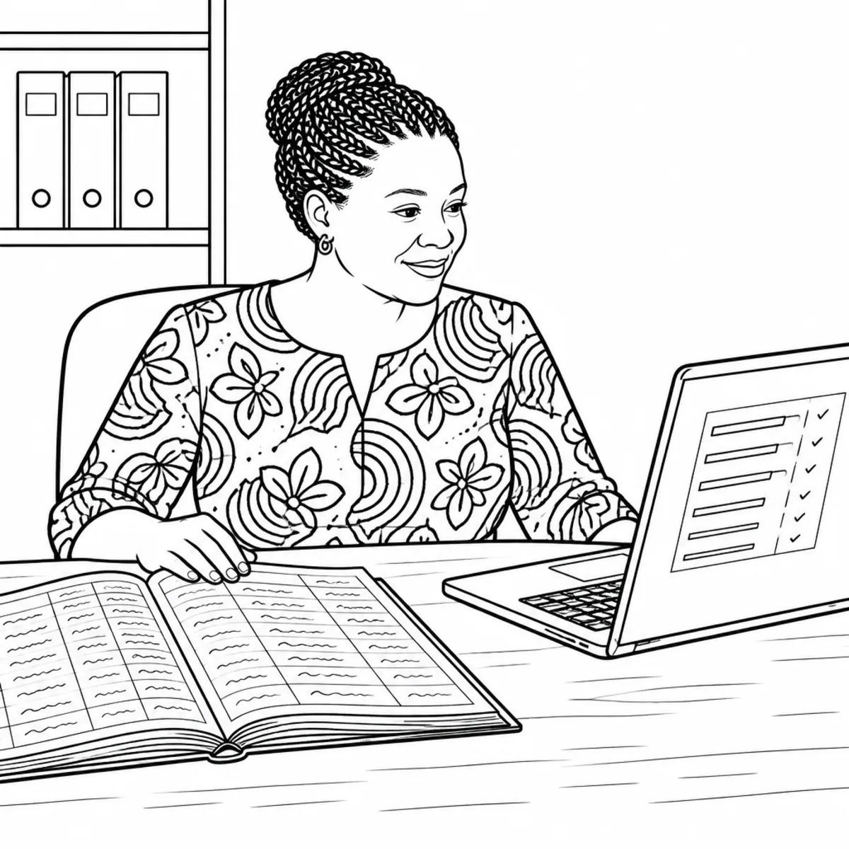 A school bursar at her desk, one hand resting on an open paper ledger, looking instead at the laptop beside it where the same rows appear with ticks against them