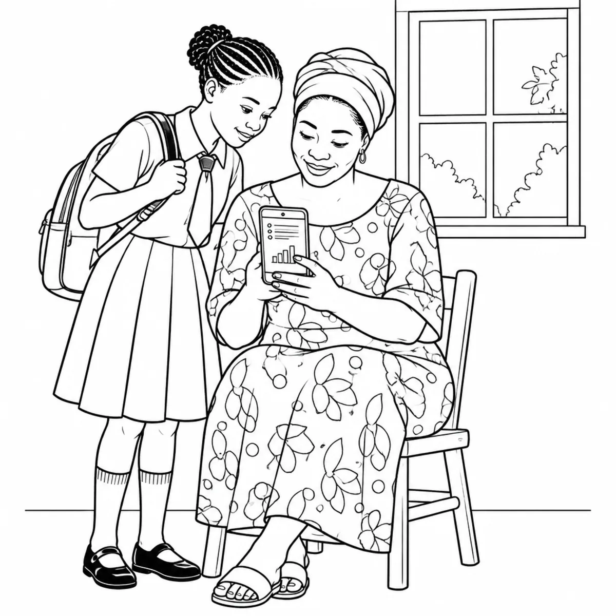 A mother reading her phone at home with her daughter leaning in beside her, the screen showing a few rows and a small chart