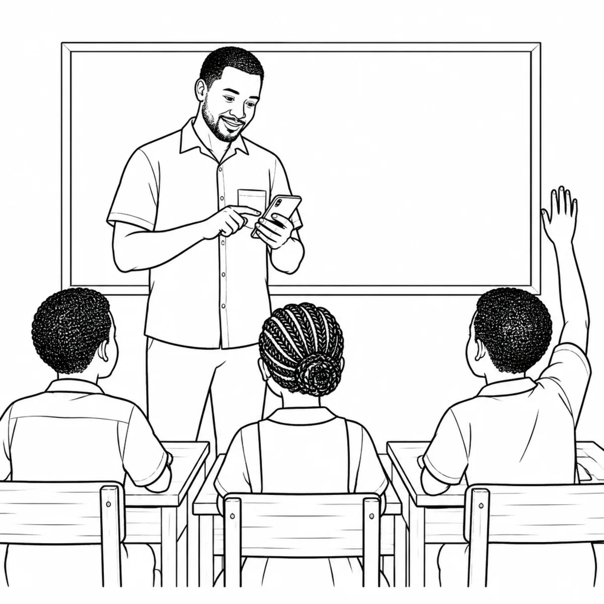 A teacher standing in front of his class, marking the register on his phone while a pupil raises a hand